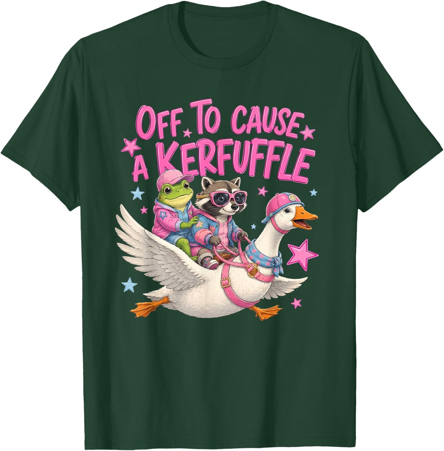 Off to Cause A Kerfuffle Frog Raccoon Riding Goose T-Shirt - T-Shirt | Forest