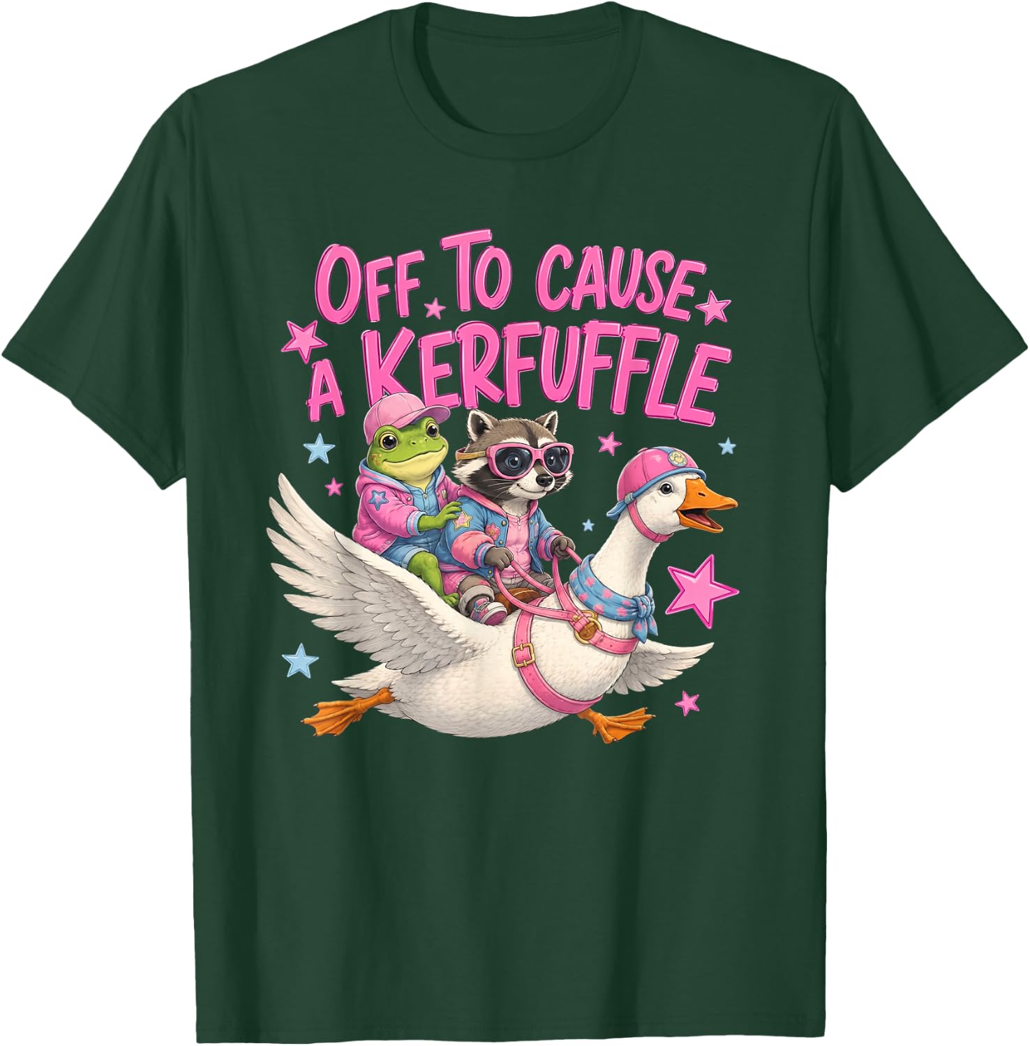 Off to Cause A Kerfuffle Frog Raccoon Riding Goose T-Shirt - T-Shirt | Forest