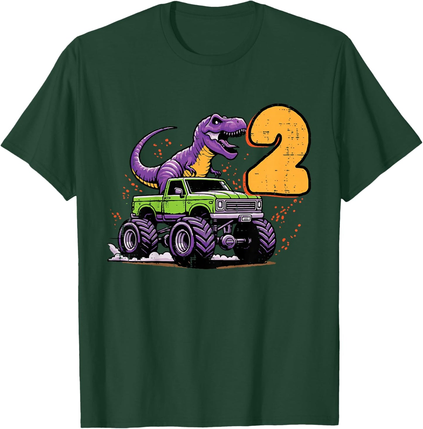 Kids 2nd Birthday Dino On Monster Truck 2 Year Old Trex Boys Kids T-Shirt - T-Shirt | Forest