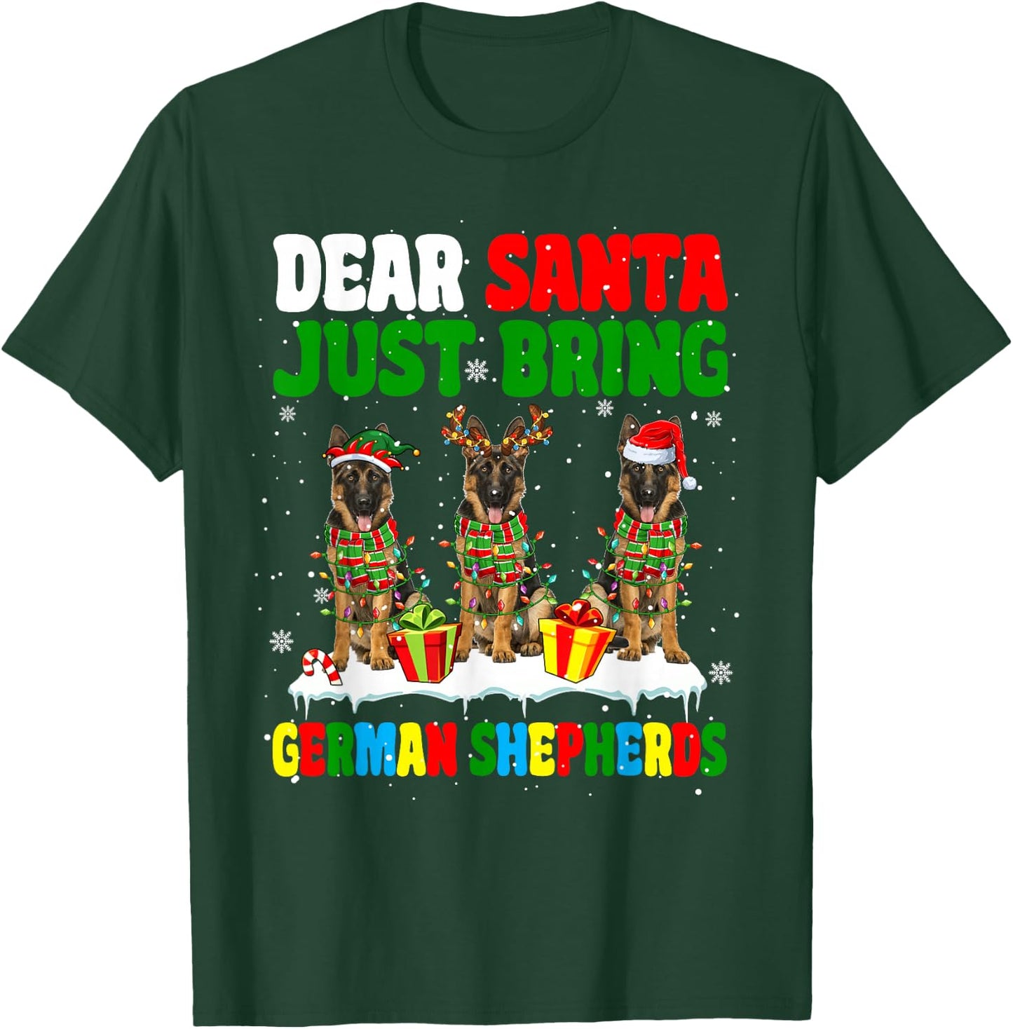 Just Bring German Shepherds Xmas Three Santa Reindeer Dogs T-Shirt - T-Shirt | Forest