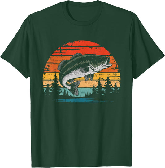 Retro Vintage Sunset Bass Fish Fishing Fisherman Fish Lover T-Shirt - T-Shirt | Forest