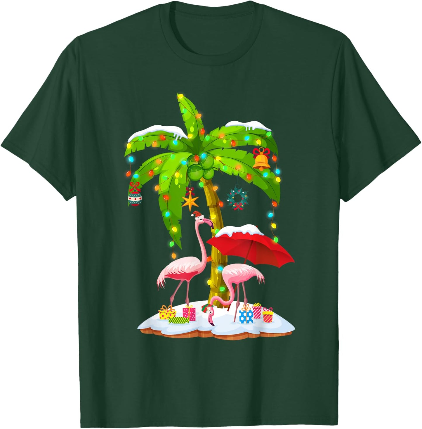 Flamingo Santa hat Palm tree Merry Christmas lights T-Shirt - T-Shirt | Forest