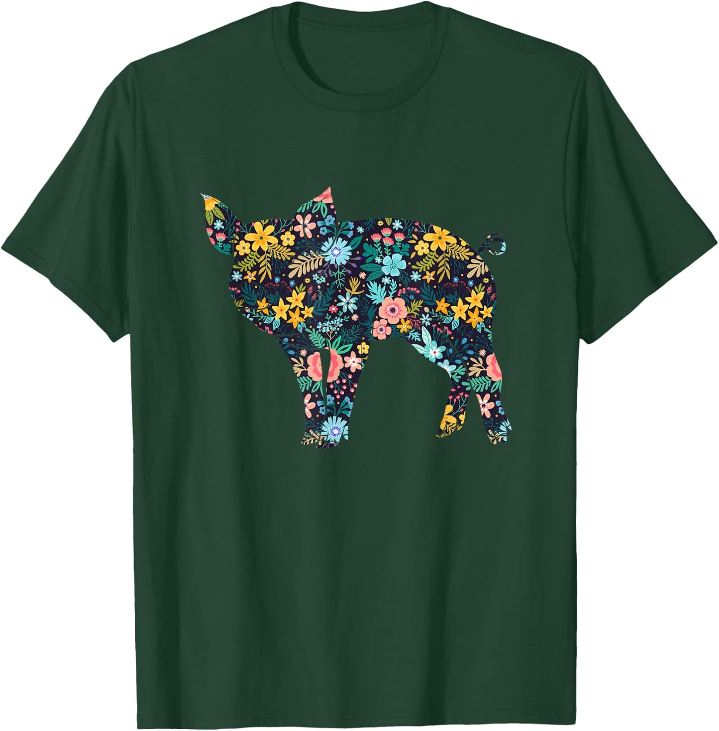 Floral Piglet Silhouette Girls Graphic Pig T-Shirt - T-Shirt | Forest