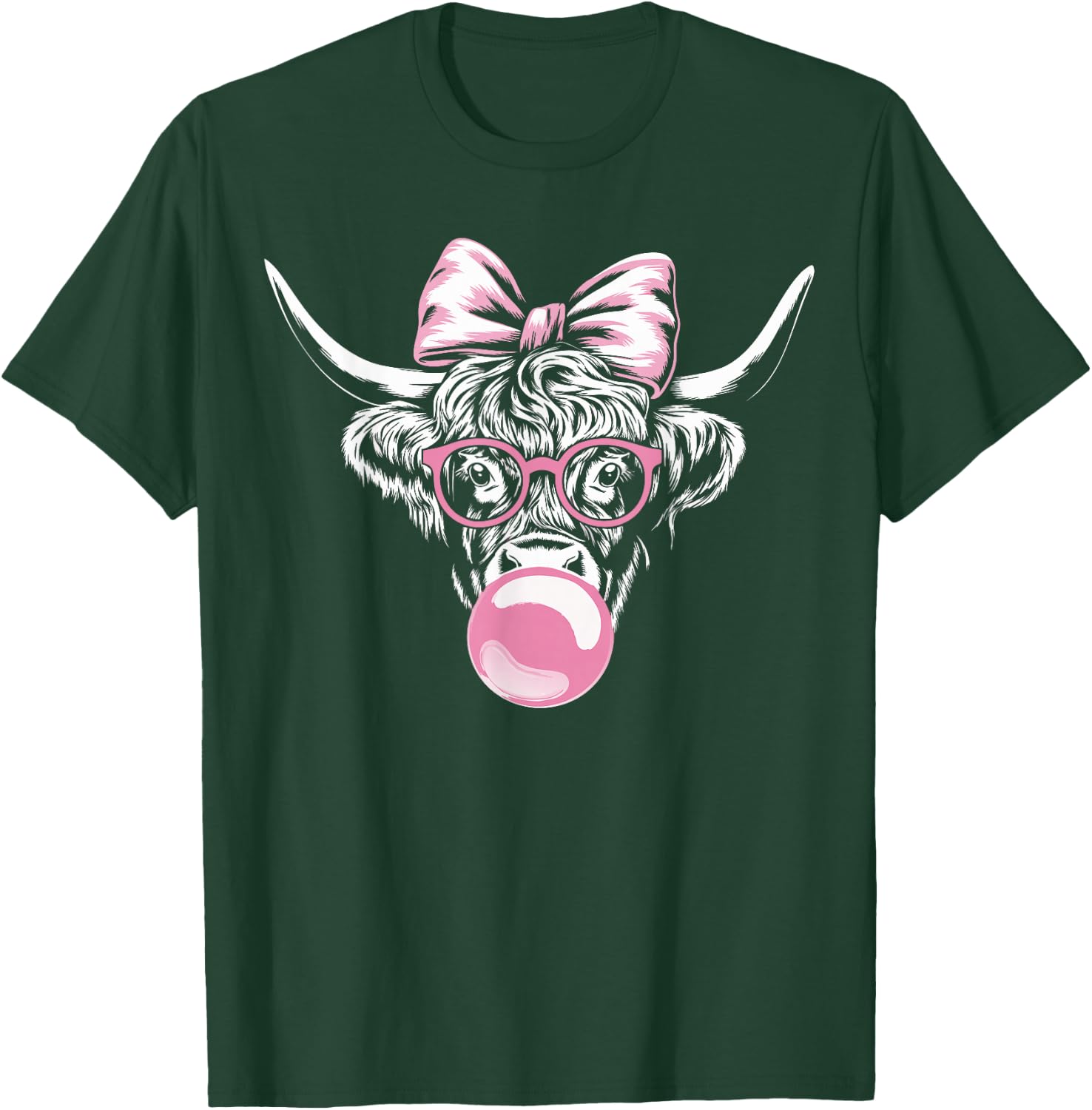 Highland Cow Wearing Glasses and Blowing Pink Bubble Gum T-Shirt - T-Shirt | Forest