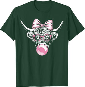 Highland Cow Wearing Glasses and Blowing Pink Bubble Gum T-Shirt - T-Shirt | Forest
