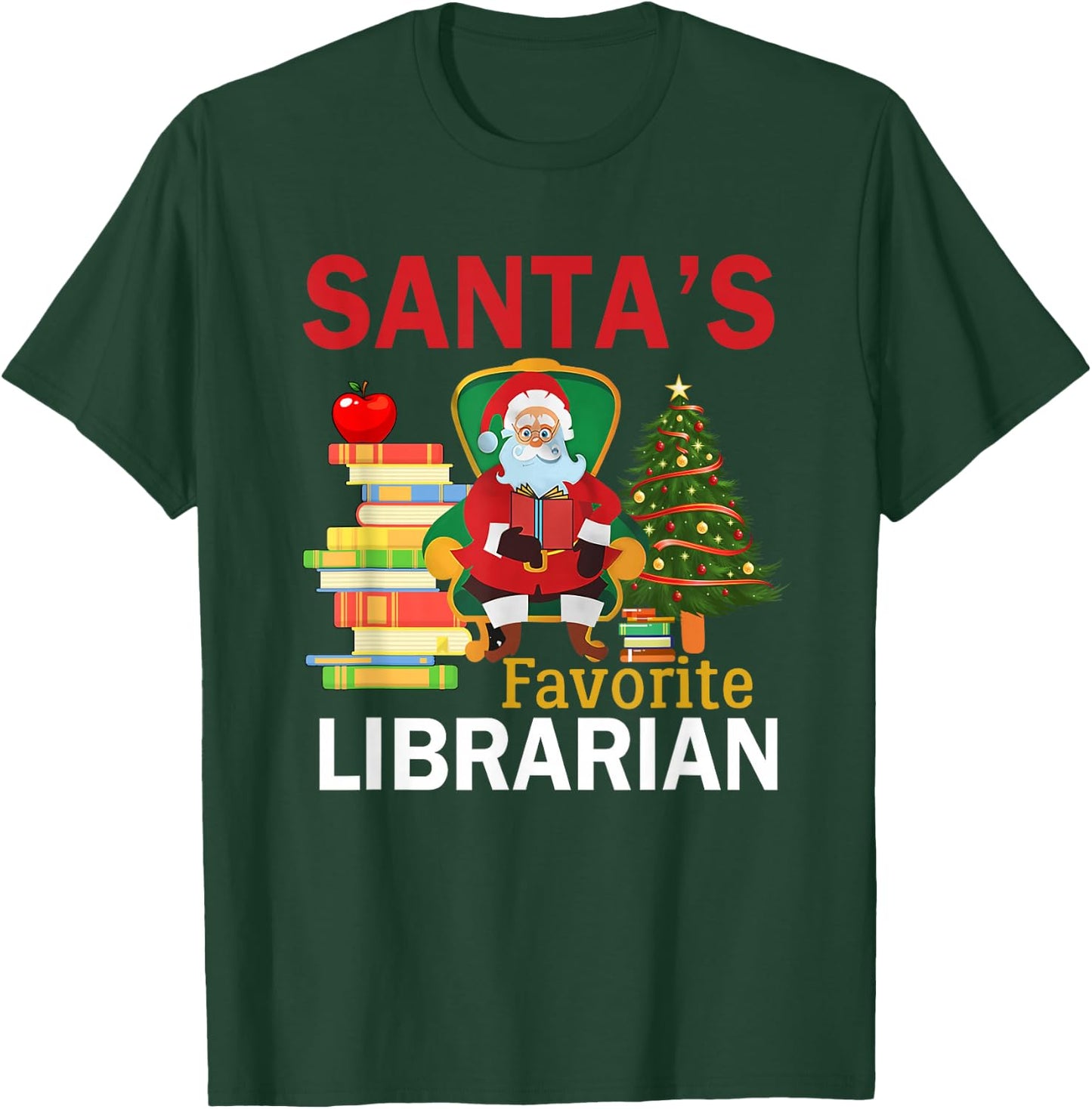 Santa's Favorite Librarian Books Christmas Tree T-Shirt - T-Shirt | Forest