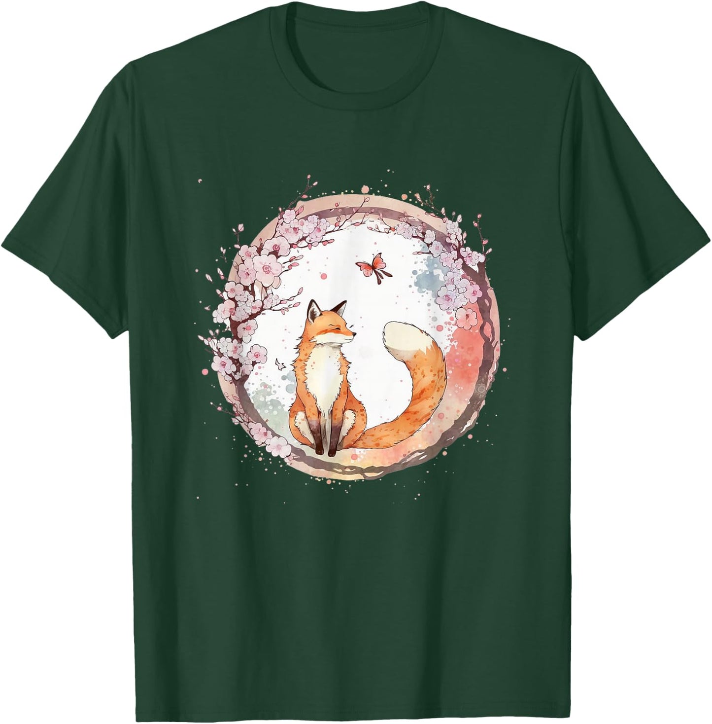 Kawaii Japanese Fox Butterfly Cherry Blossom , black T-Shirt - T-Shirt | Forest