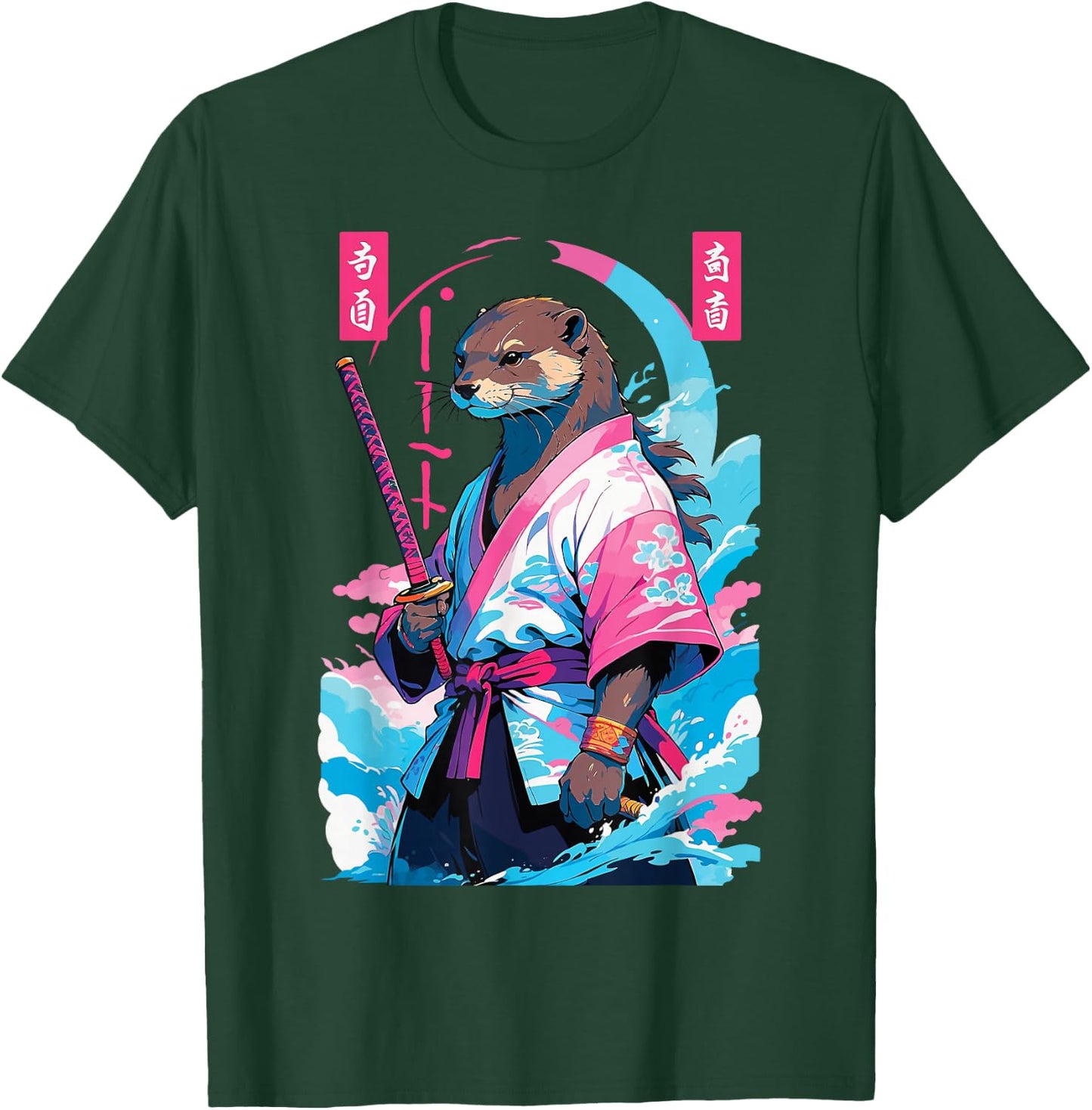 Samurai Otter in Aesthetic Vaporwave Style T-Shirt - T-Shirt | Forest