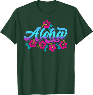 Aloha Retro Hibiscus Flowers Hawaiian Islands Hawaii Surfer , Black, S T-Shirt - T-Shirt | Forest
