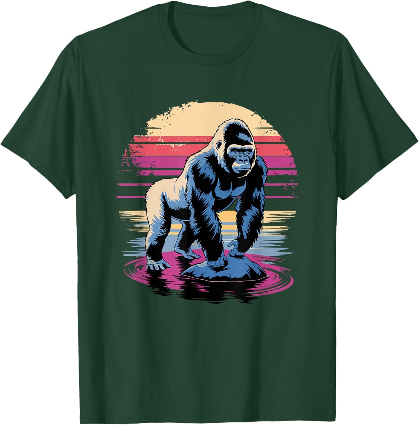 Retro Sunset Gorilla Silver Gorillas , Black, S T-Shirt - T-Shirt | Forest