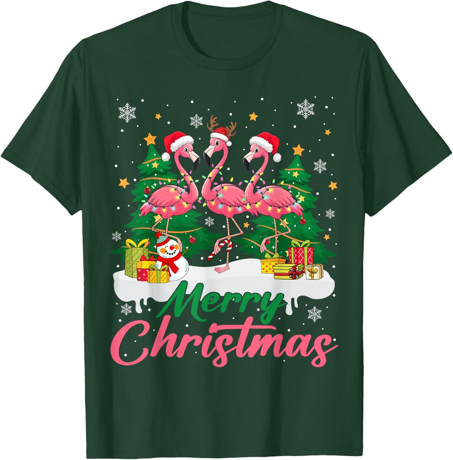 Flamingo Light Christmas Snow Merry Christmas Tree Santa T-Shirt - T-Shirt | Forest