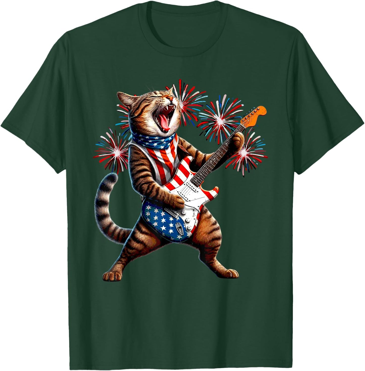 Cat Playing Guitar American Flag 4th Of July Patriotic Women Kids T-Shirt - T-Shirt | Forest