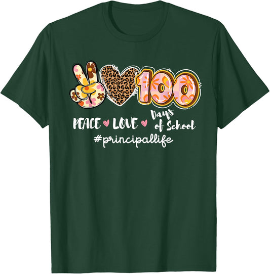 Peace Love 100 Days Of School Leopard Principal Life T-Shirt - T-Shirt | Forest