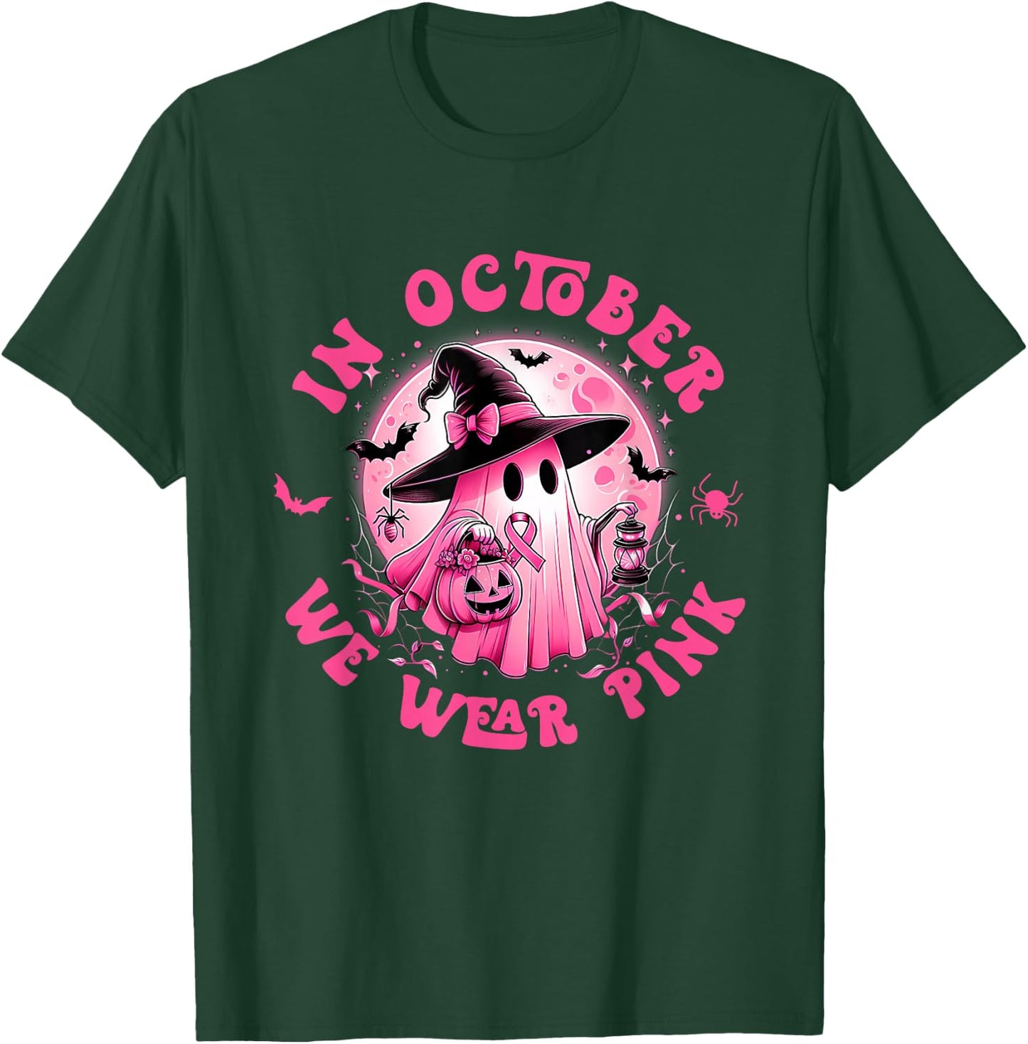 In October We Wear Pink Ghost Witch Breast Cancer Awareness T-Shirt - T-Shirt | Forest