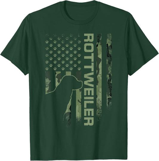 Vintage USA American Camo Flag Rottweiler Rottie Silhouette T-Shirt - T-Shirt | Forest