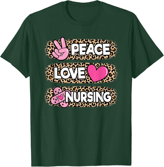 Cute Peace Love Nursing Leopard design Nurse Women T-Shirt - T-Shirt | Forest