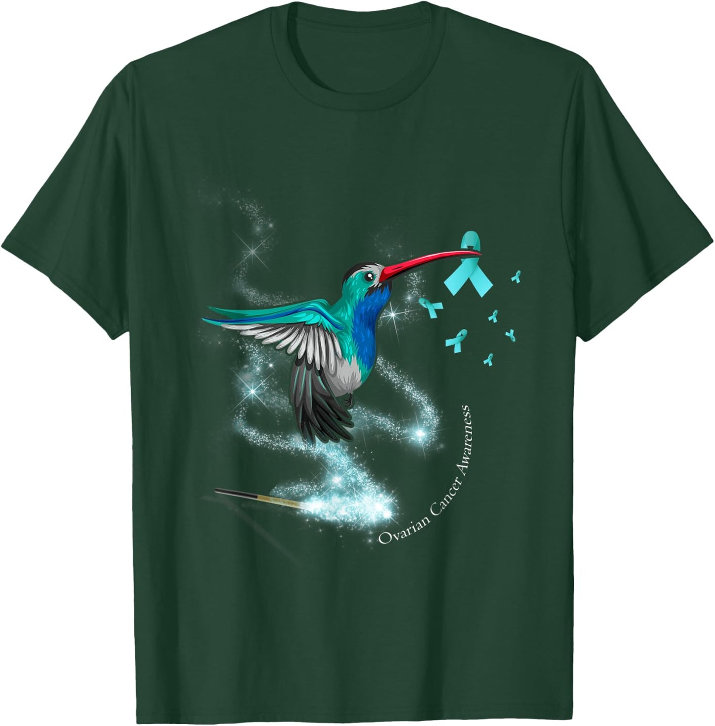 Hummingbird Holding Teal Ribbon Ovarian Cancer Awareness T-Shirt - T-Shirt | Forest