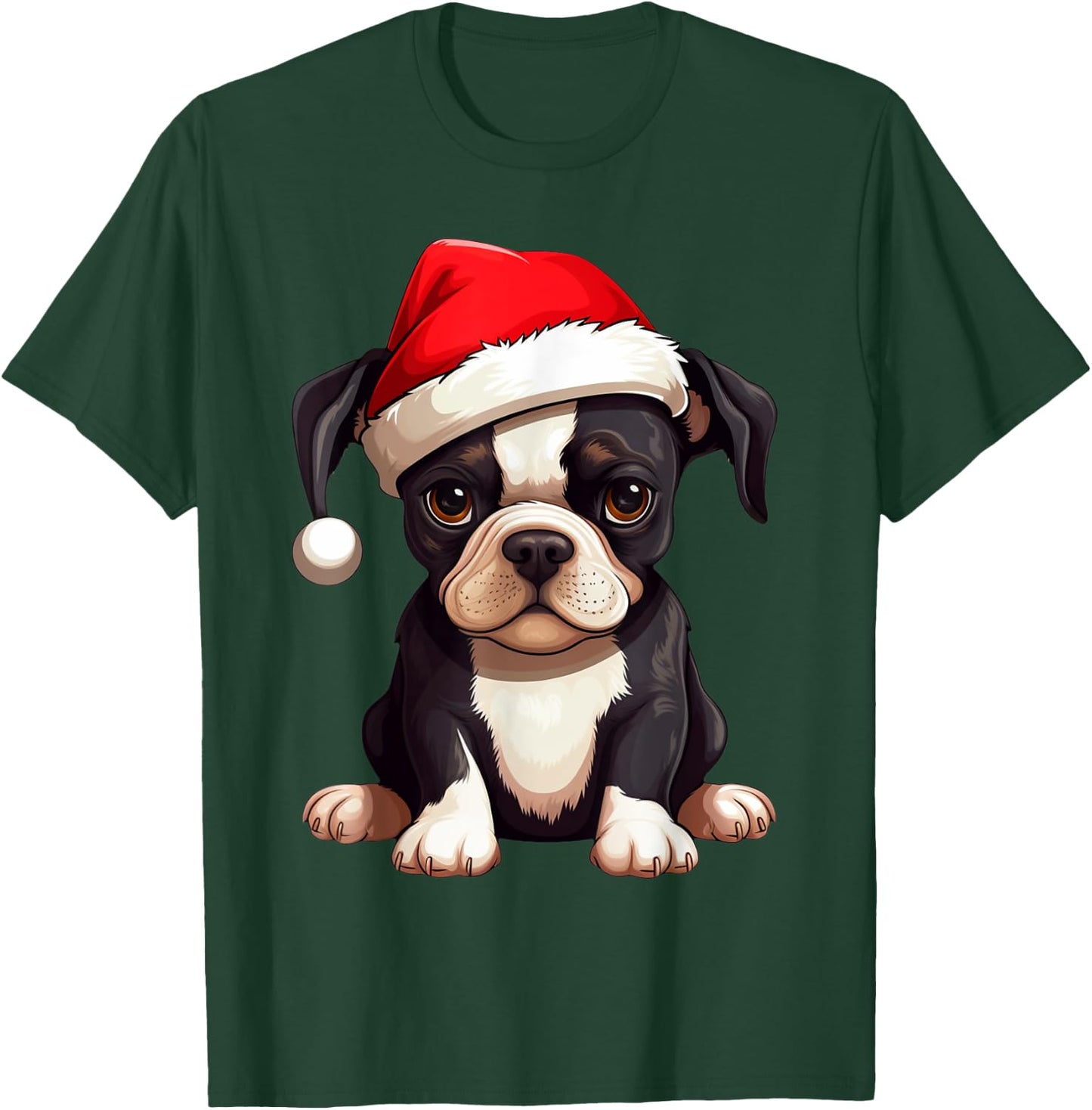 Christmas Boston Terrier Dog Santa Hat Funny Xmas Kids T-Shirt - T-Shirt | Forest