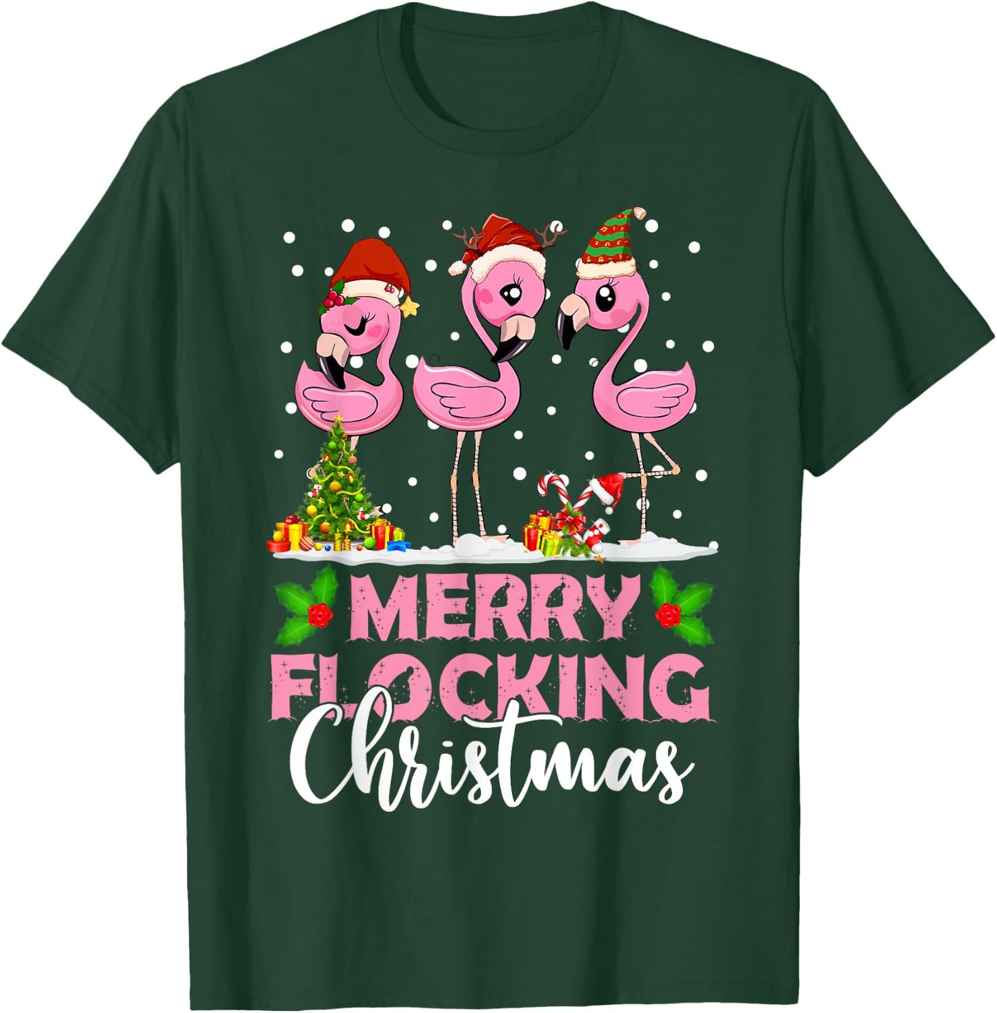 Merry Flocking Christmas Funny Pink Flamingo Santa Hat T-Shirt - T-Shirt | Forest