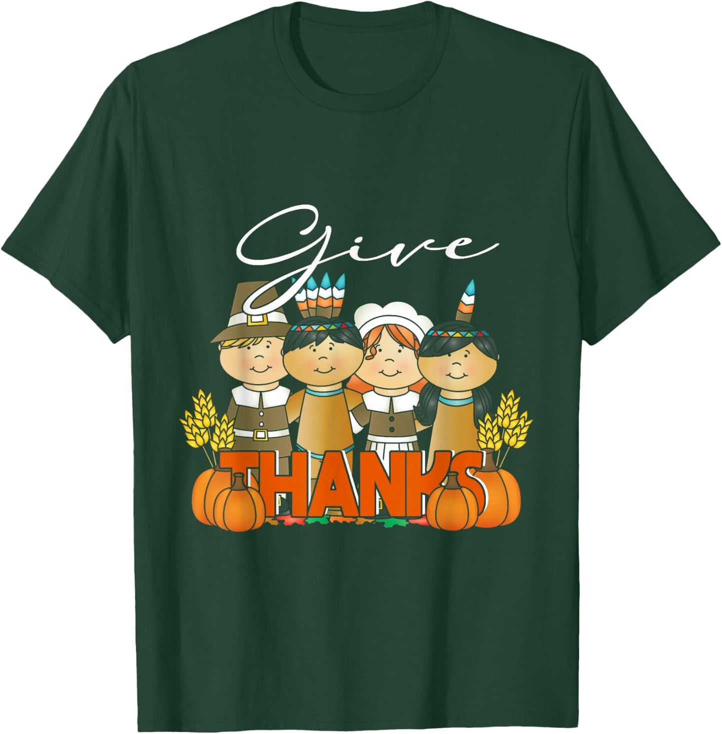 Thanksgiving Pilgrim Indian Give Thanks Pumpkin T-Shirt - T-Shirt | Forest