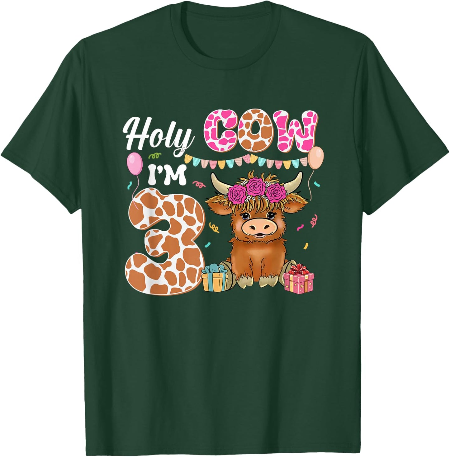 Holy Cow I'm 3 Highland Cow Farming 3rd Birthday 3 Years Old T-Shirt - T-Shirt | Forest