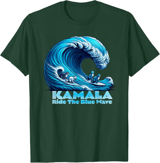 Kamala Harris for President, Blue Wave Surfing Cats 2024 T-Shirt - T-Shirt | Forest