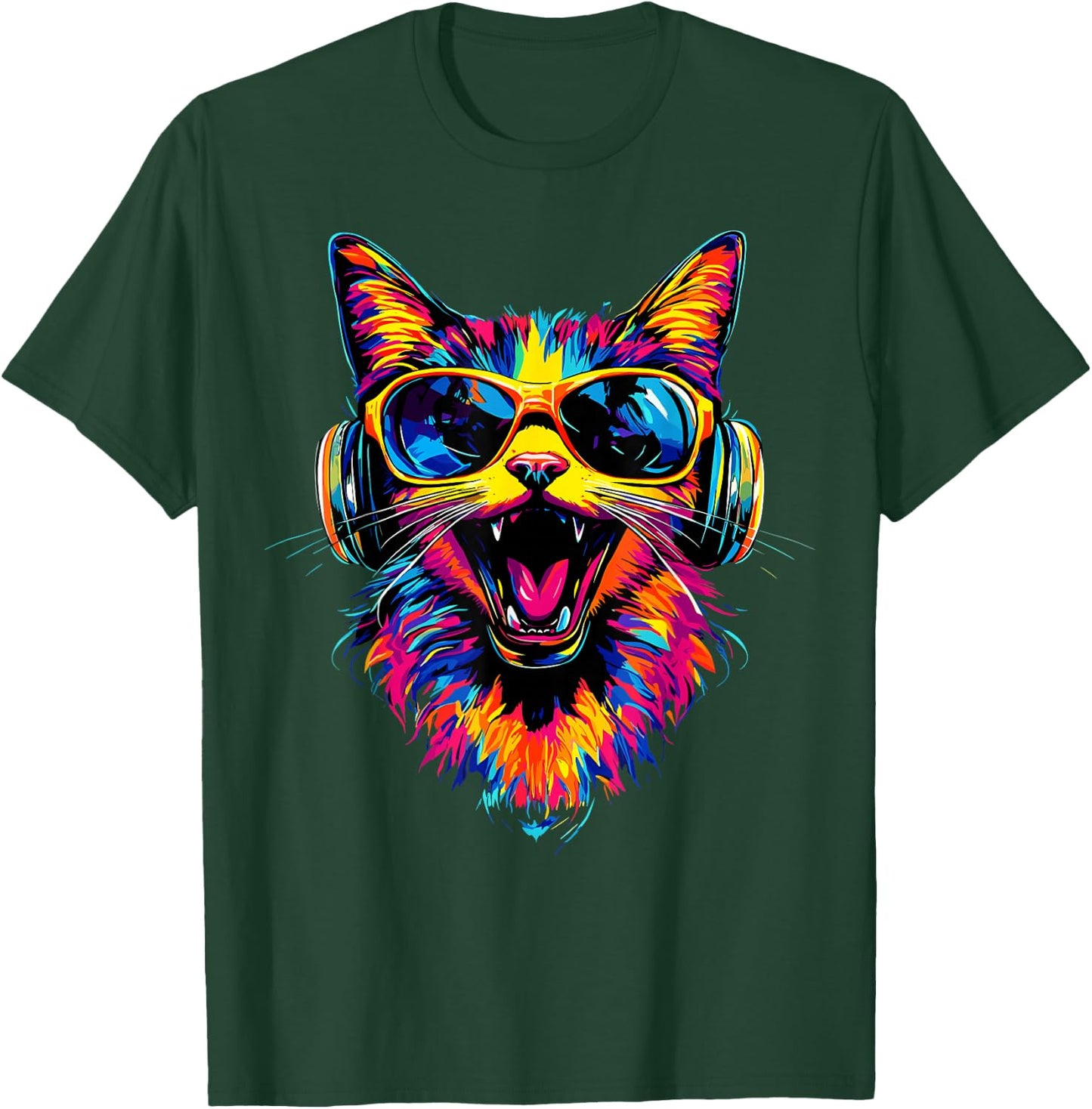 Cat Sunglasses Helmet Colorful Rainbow Cats , Black, S T-Shirt - T-Shirt | Forest