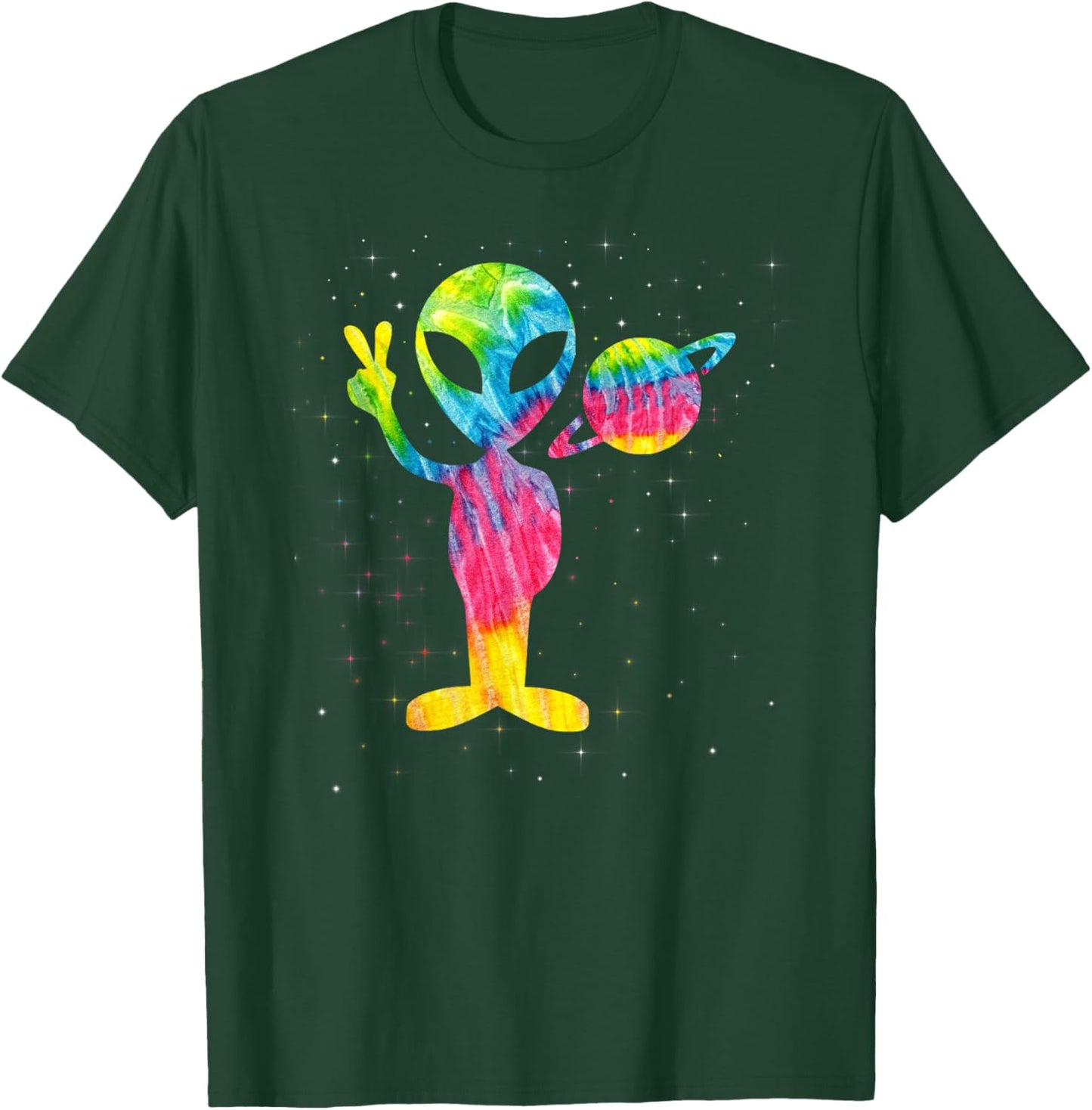 Vintage 1970s Tie Dye Groovy Alien Peace Retro T-Shirt - T-Shirt | Forest