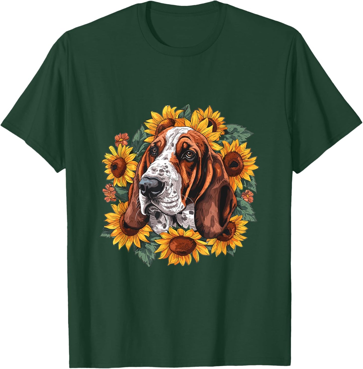 Basset Hound Sunflowers Dog Breed Graphic Women Kids T-Shirt - T-Shirt | Forest