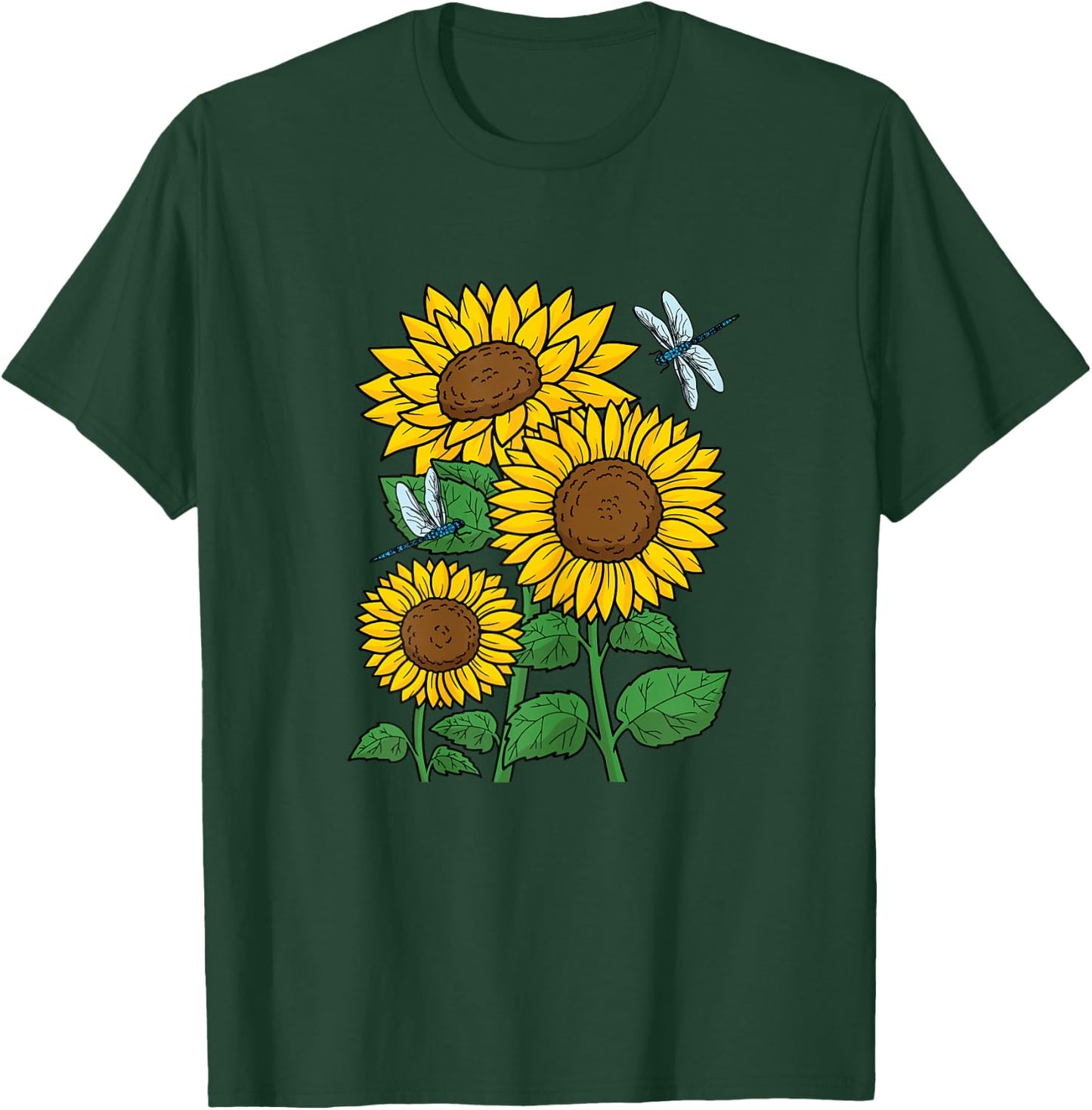 Sunflower Wildflower Dragonfly Floral Flower Women Girls T-Shirt - T-Shirt | Forest
