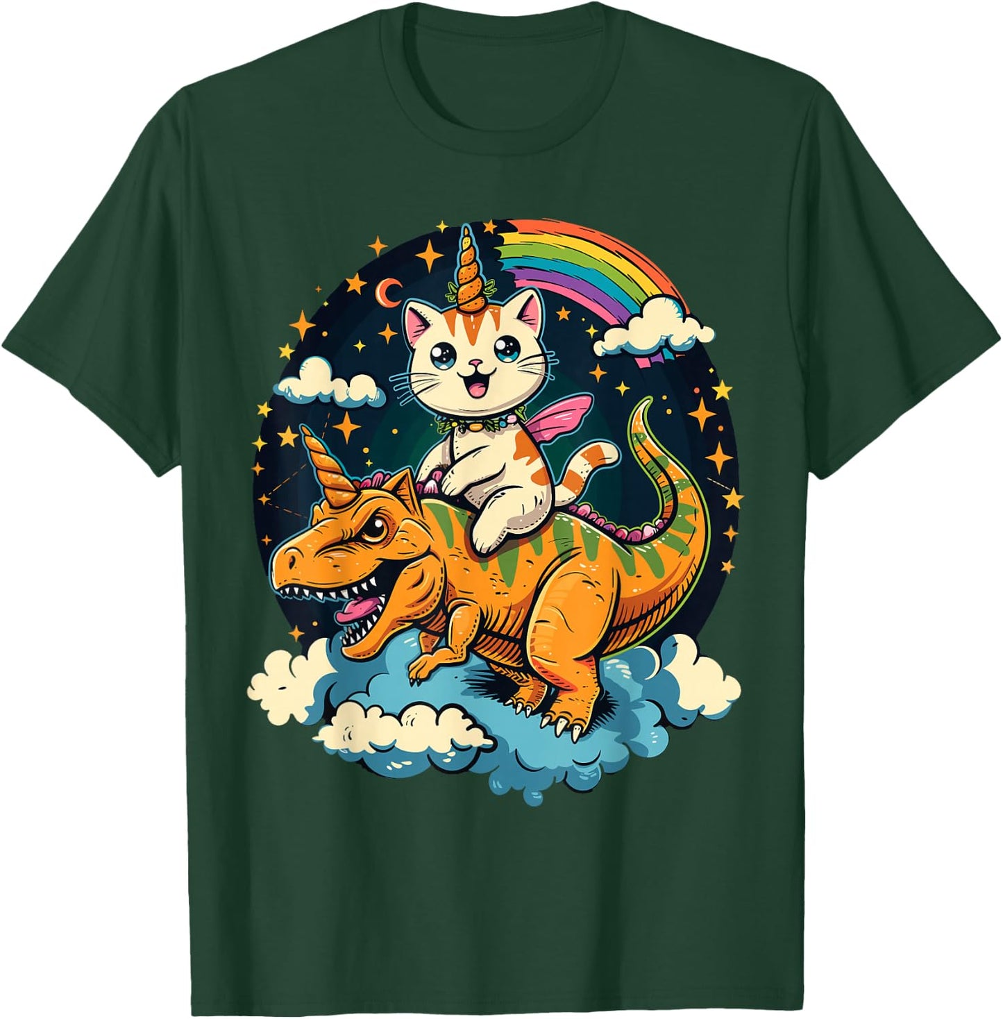 Cat Riding Dinosaur Kitten Lover Space Galaxy T-Shirt - T-Shirt | Forest