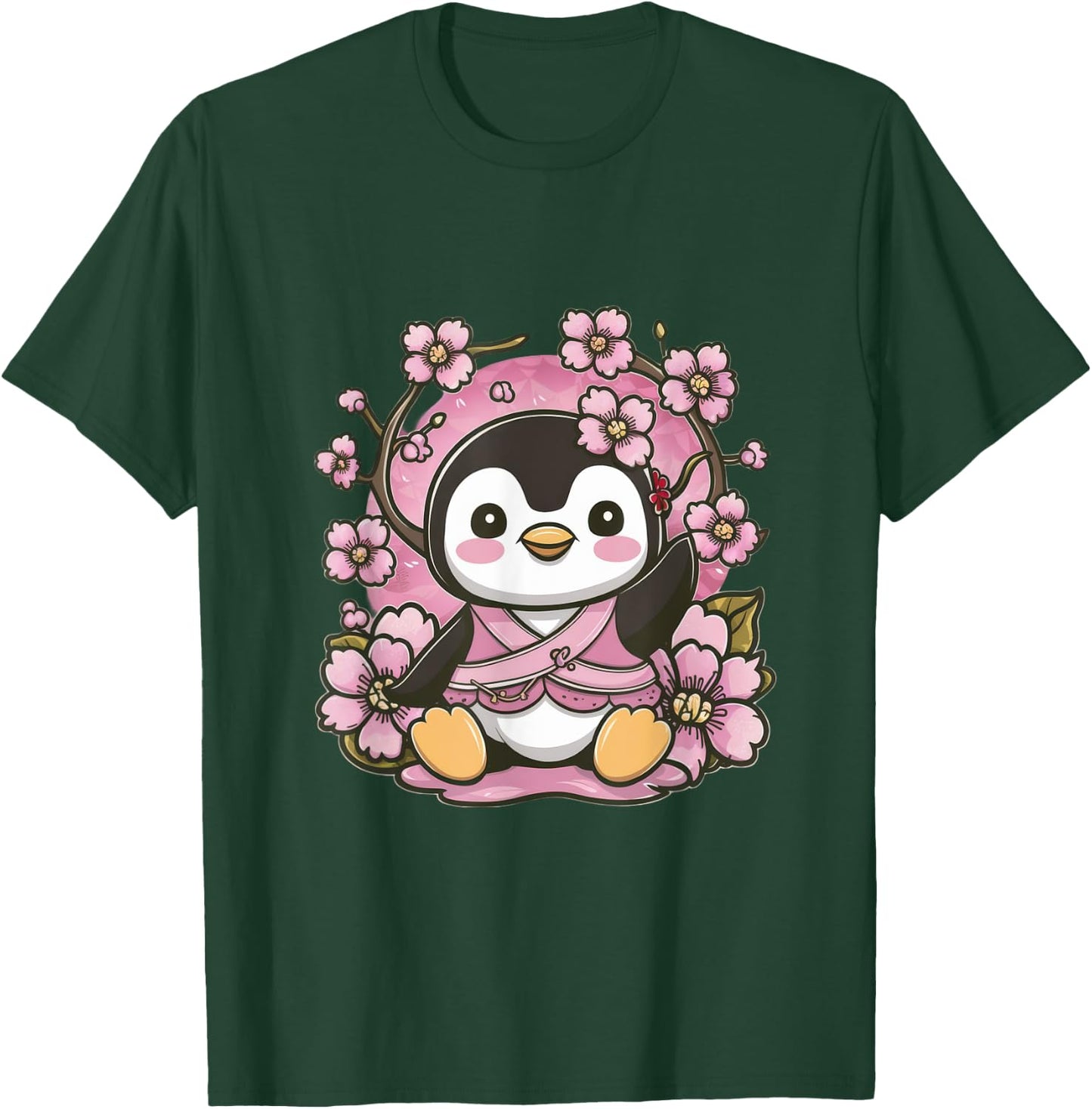 Cute kawaii penguin with cherries and sakura cherry blossoms T-Shirt - T-Shirt | Forest