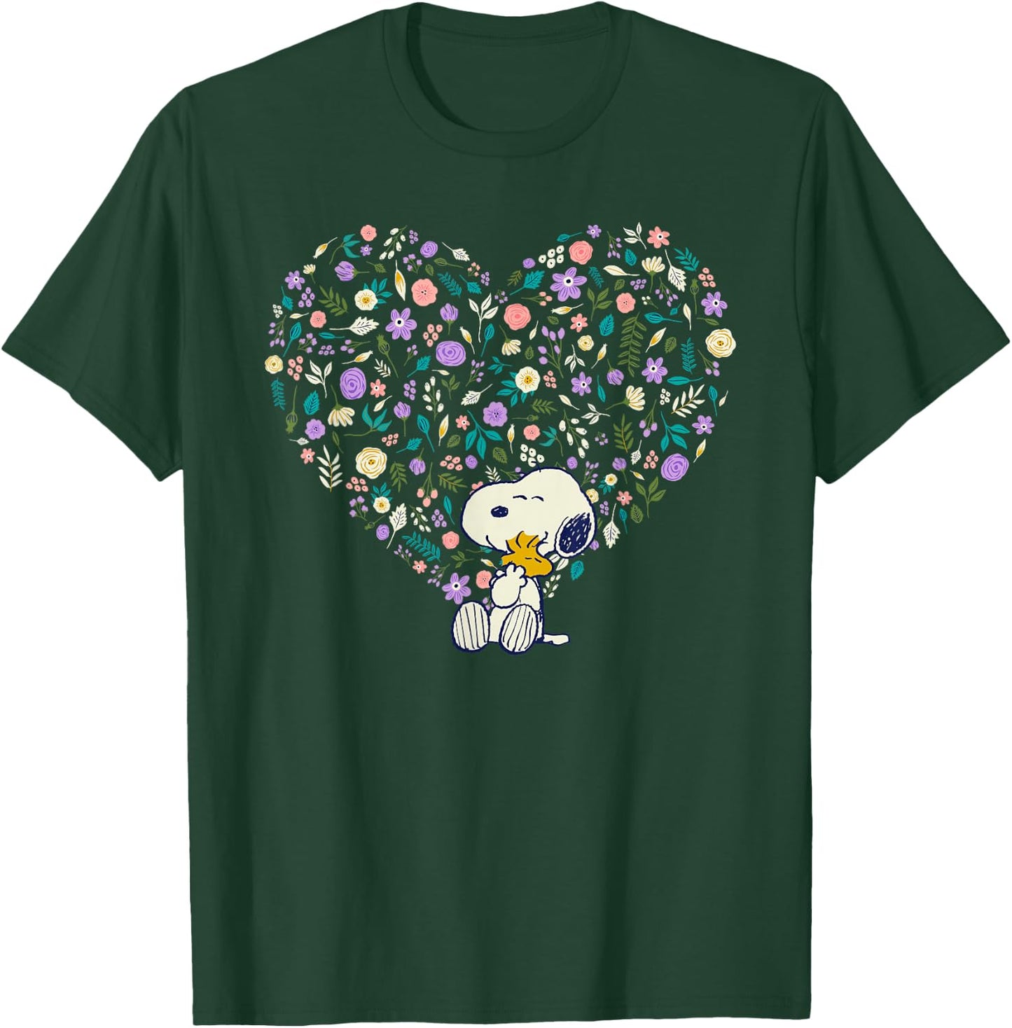 Peanuts Snoopy & Woodstock Hug Heart Floral T-Shirt - T-Shirt | Forest