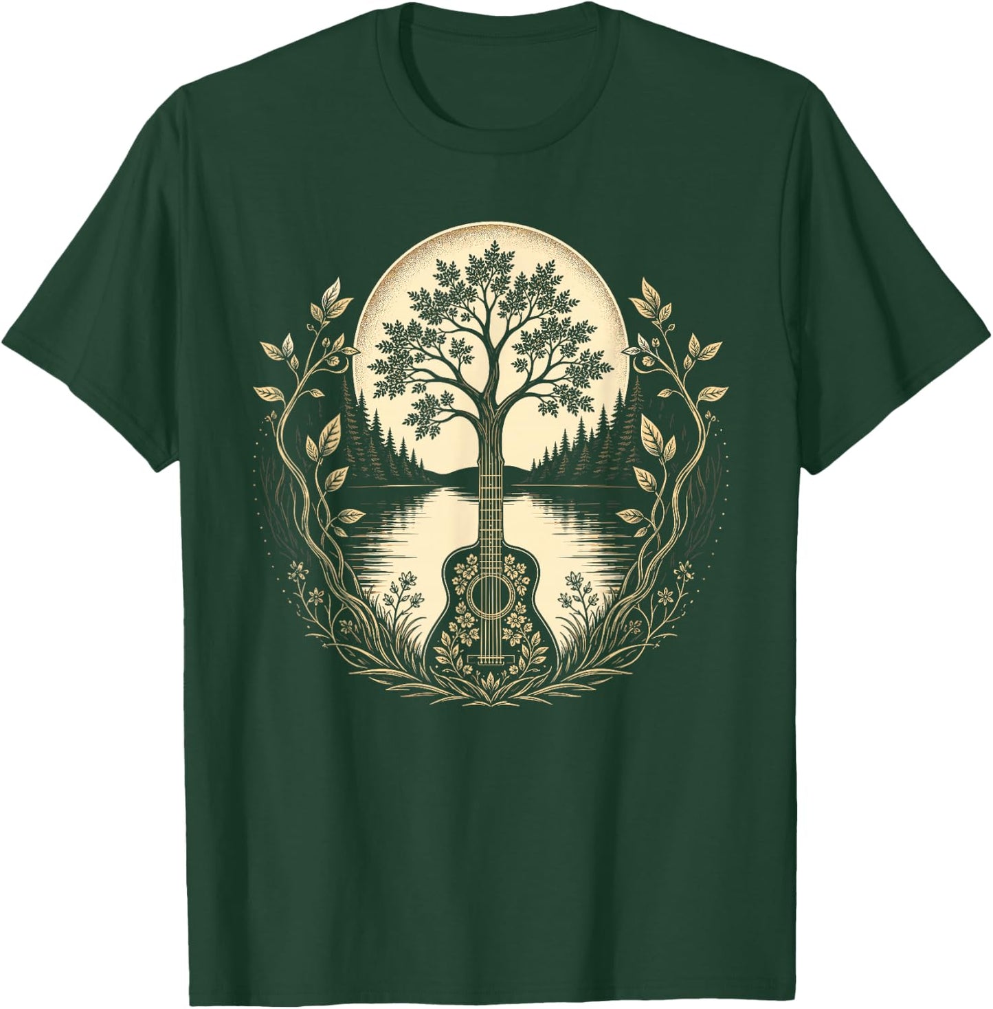 Acoustic Guitar Tree By The Lake Moon Botanical T-Shirt - T-Shirt | Forest