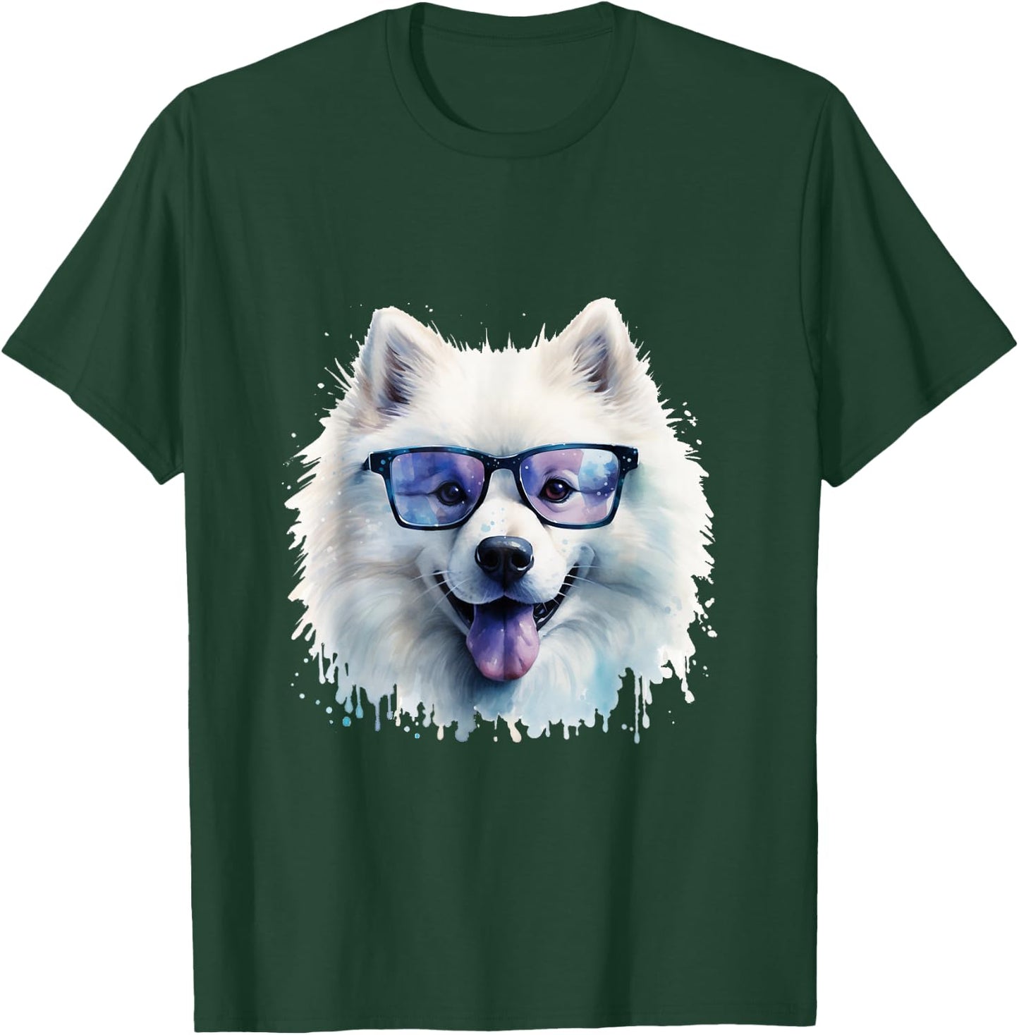 Samoyed Dog Wearing Glasses Watercolour T-Shirt - T-Shirt | Forest
