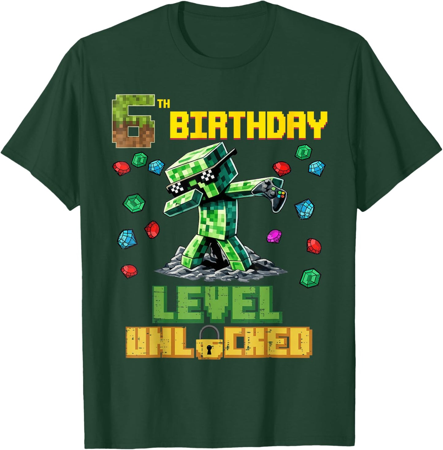 6th Birthday Level Unlocked Pixel Dab 6 Bday Gamer Boys Kids T-Shirt - T-Shirt | Forest