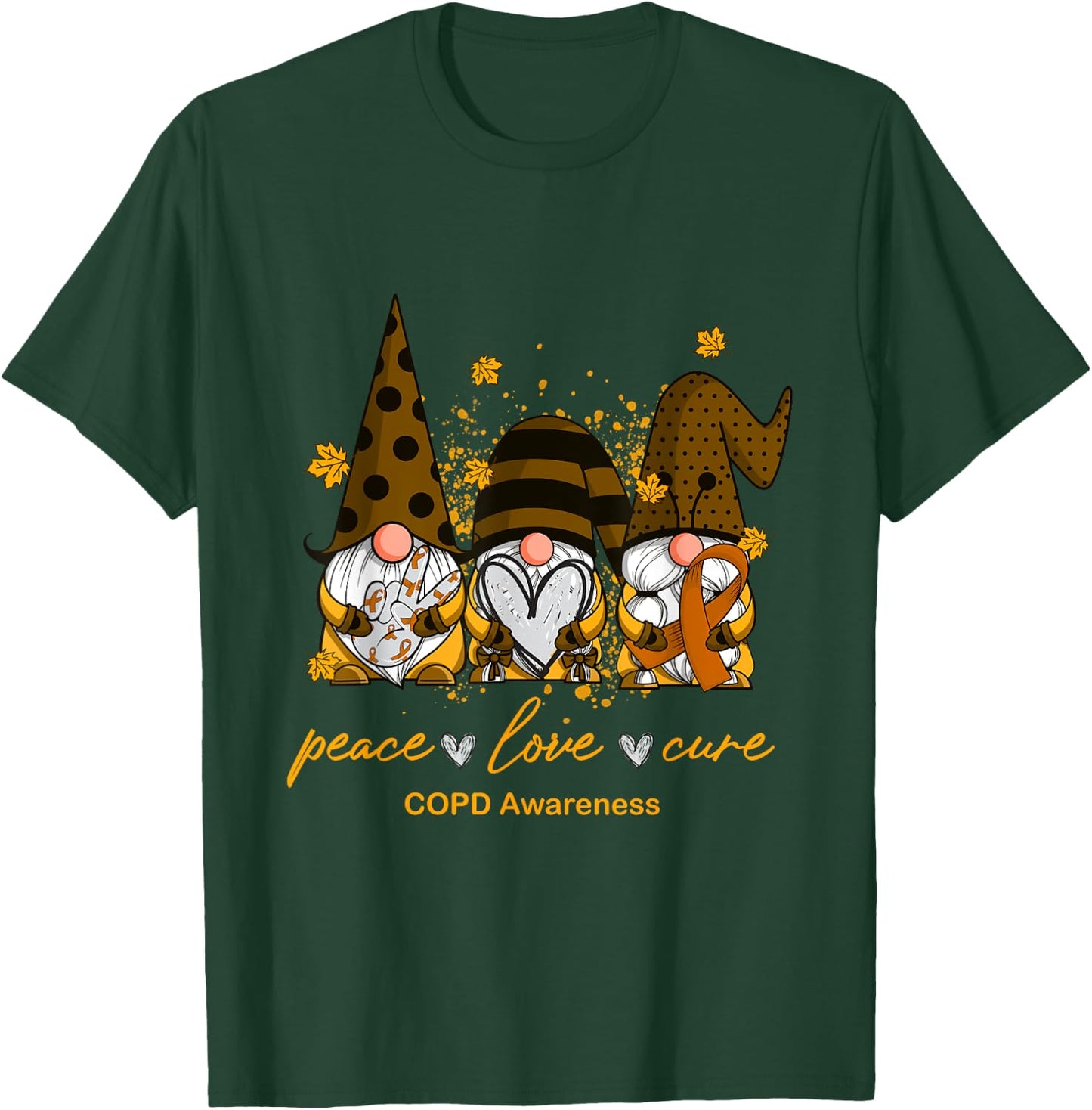 Peace Love Cure Three Gnomes Orange Ribbon COPD Awareness T-Shirt - T-Shirt | Forest