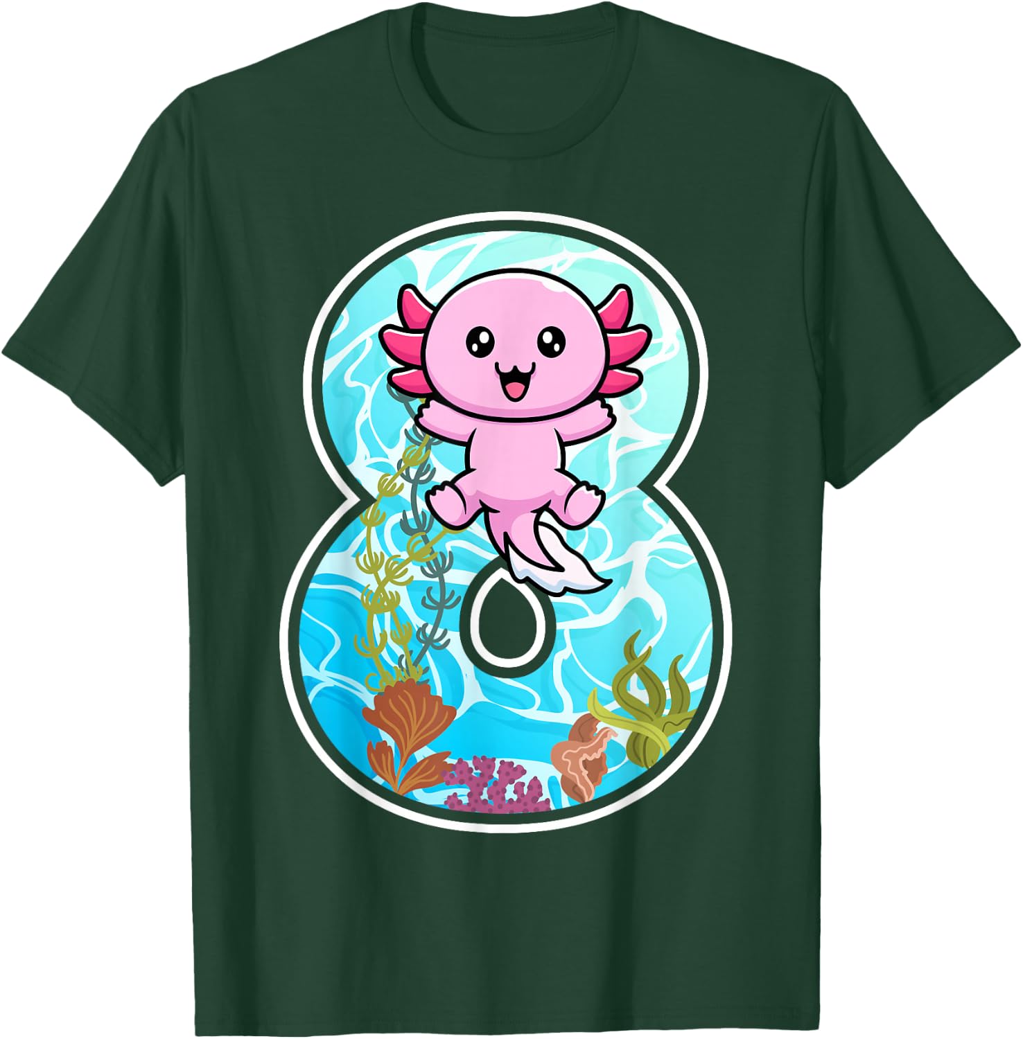 Kids 8 Years Old Birthday Axolotl Lover 8th Birthday Party T-Shirt - T-Shirt | Forest