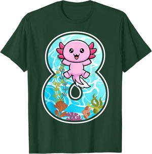 Kids 8 Years Old Birthday Axolotl Lover 8th Birthday Party T-Shirt - T-Shirt | Forest