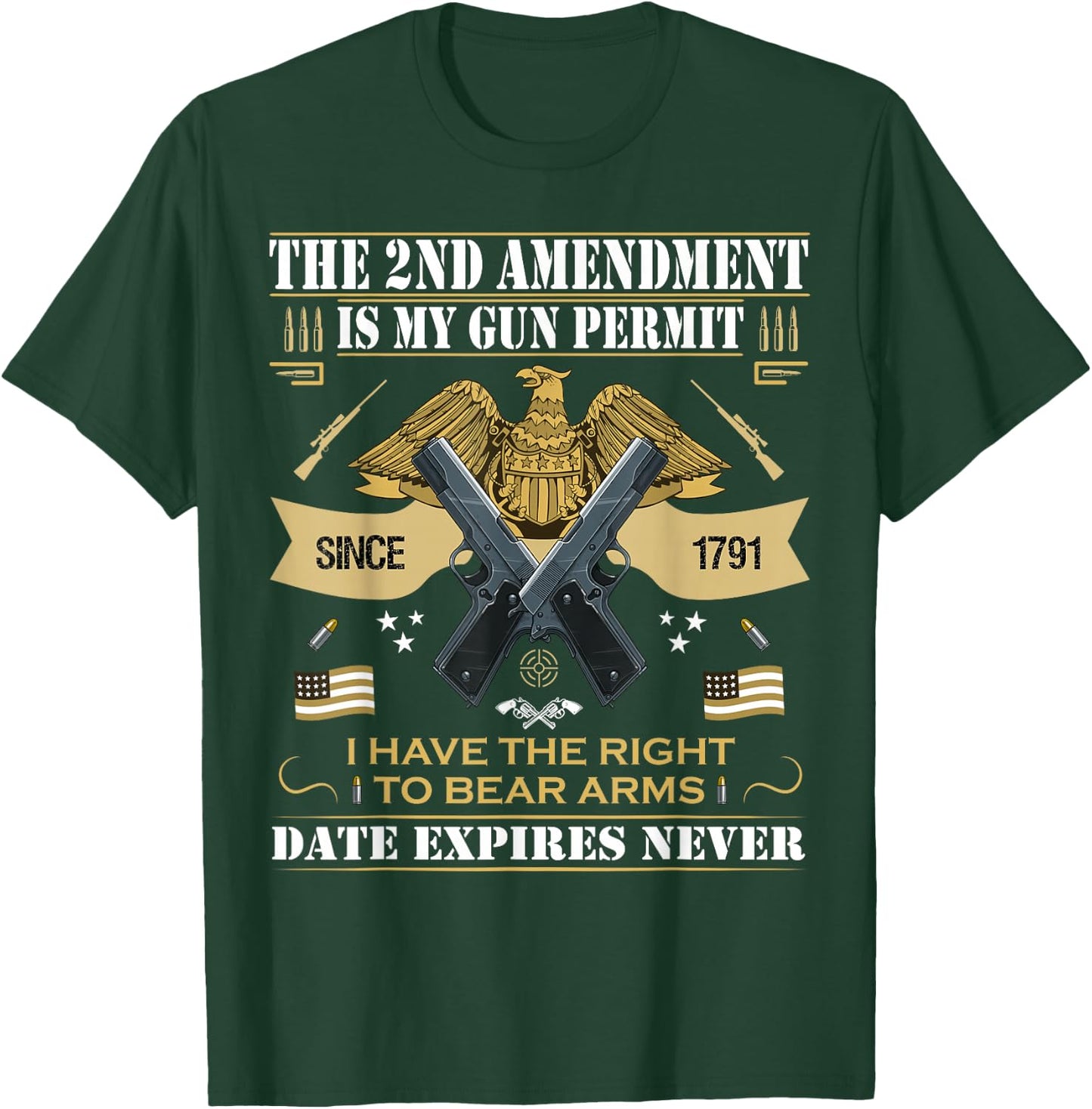 Pro Gun Second Amendment is My Gun Permit USA American Flag T-Shirt - T-Shirt | Forest