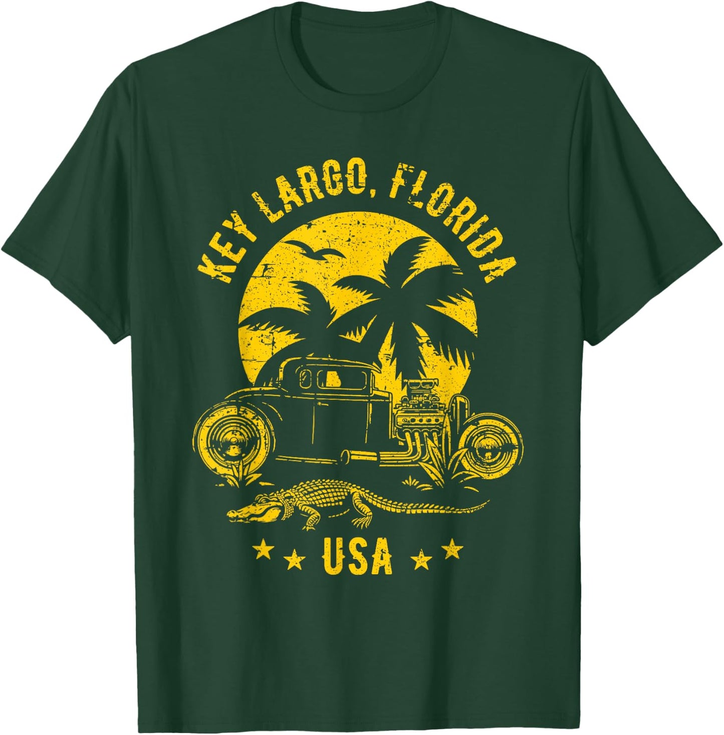 Key Largo Florida Sunset Hotrod Distressed Design , Black, S T-Shirt - T-Shirt | Forest