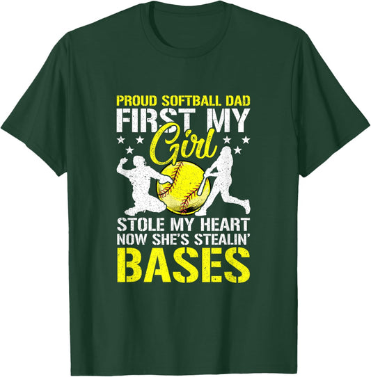 Softball Dad Girl Stole My Heart Stealing Bases Fathers Day T-Shirt - T-Shirt | Forest