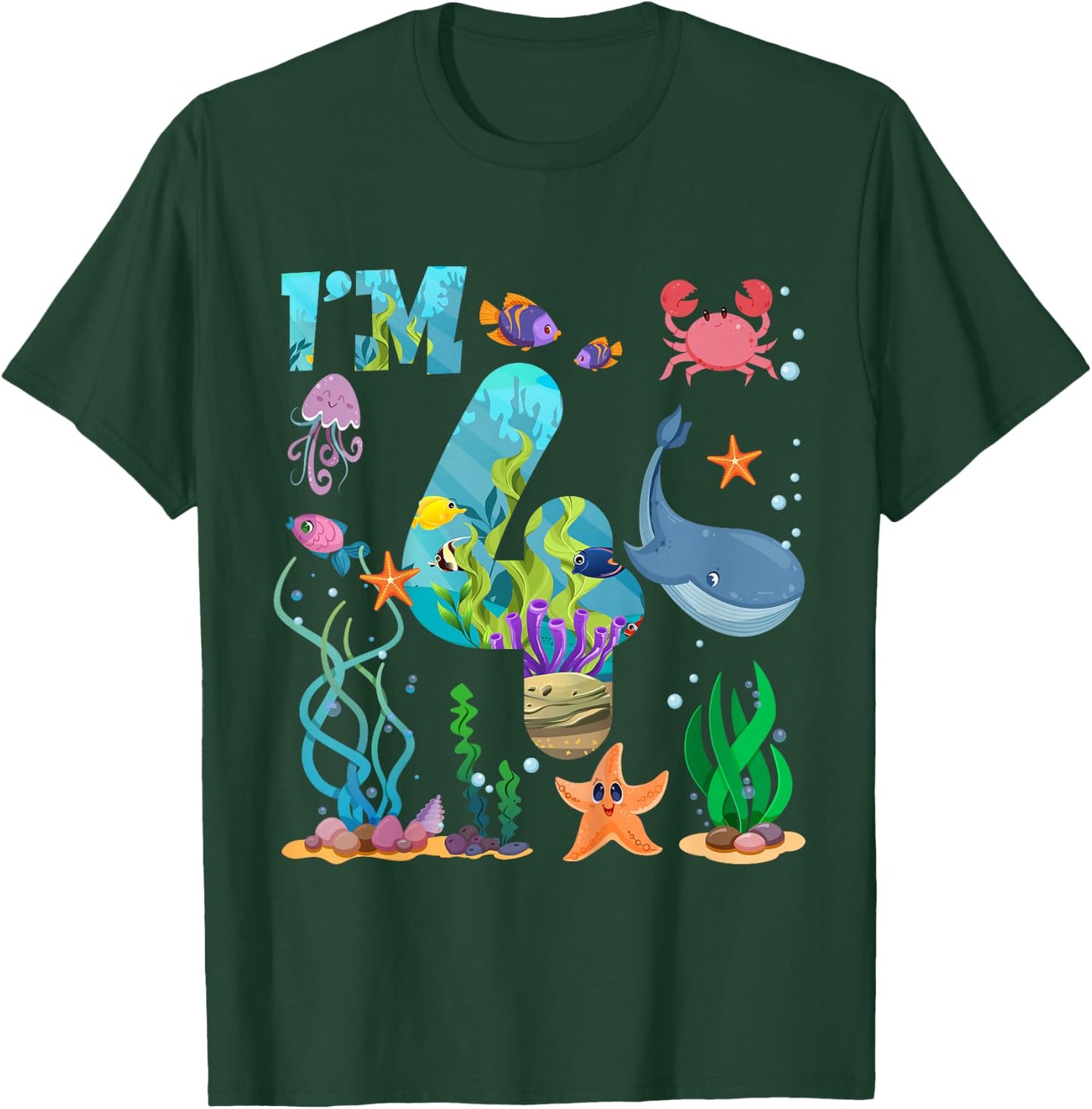 Kids 4 Year Old Boy Girl Sea Animals I'm Four 4th Birthday Kids T-Shirt - T-Shirt | Forest