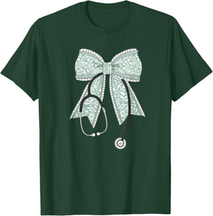 Nurse Doctor Coquette Bow Stethoscope Cute Nursing Ribbon T-Shirt - T-Shirt | Forest