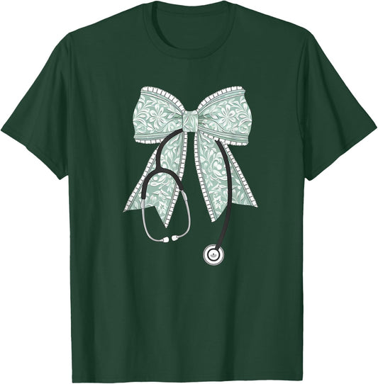 Nurse Doctor Coquette Bow Stethoscope Cute Nursing Ribbon T-Shirt - T-Shirt | Forest