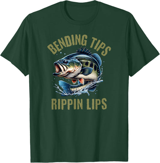 Bending Tips Rippin Lips Fishermen Bass Fishing Design T-Shirt - T-Shirt | Forest