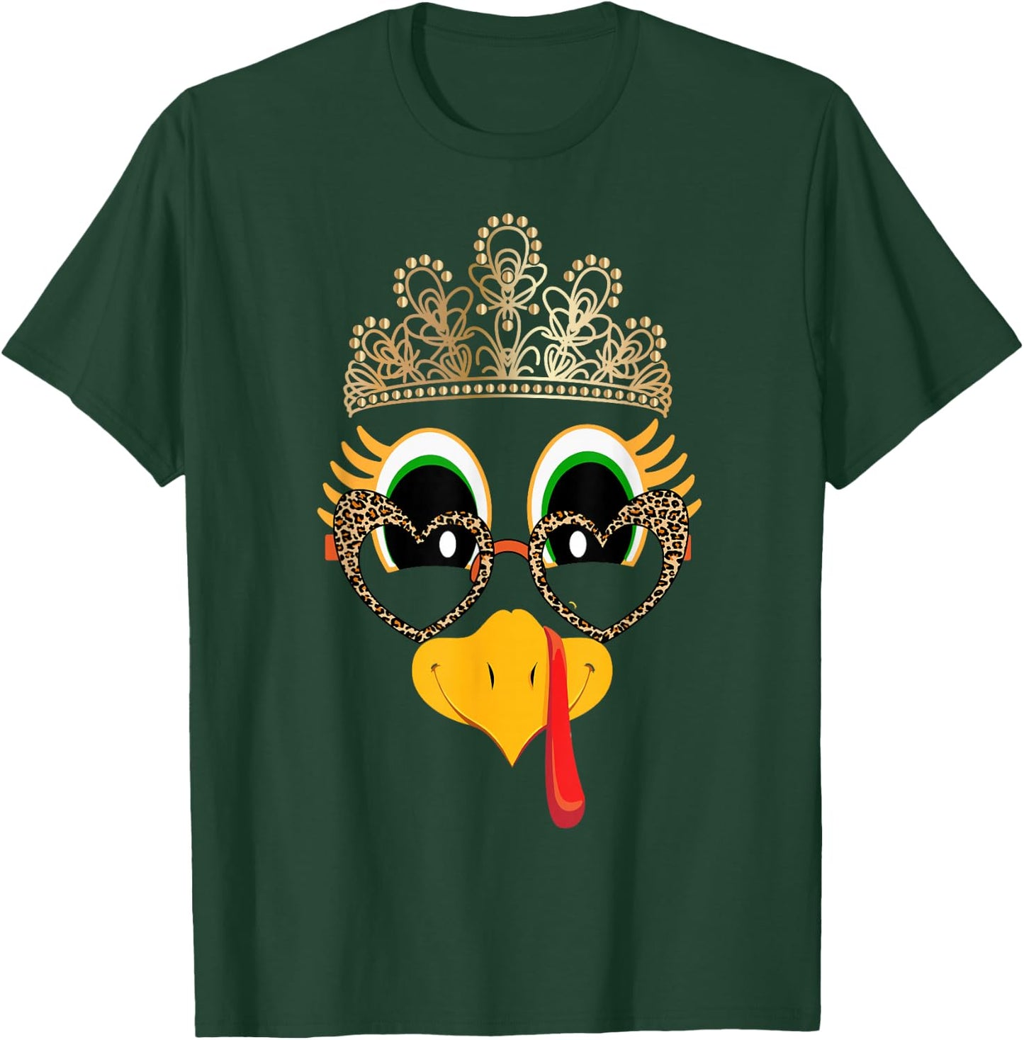 Turkey Face Girl Glasses Leopard With Crown Bow Thanksgiving T-Shirt - T-Shirt | Forest