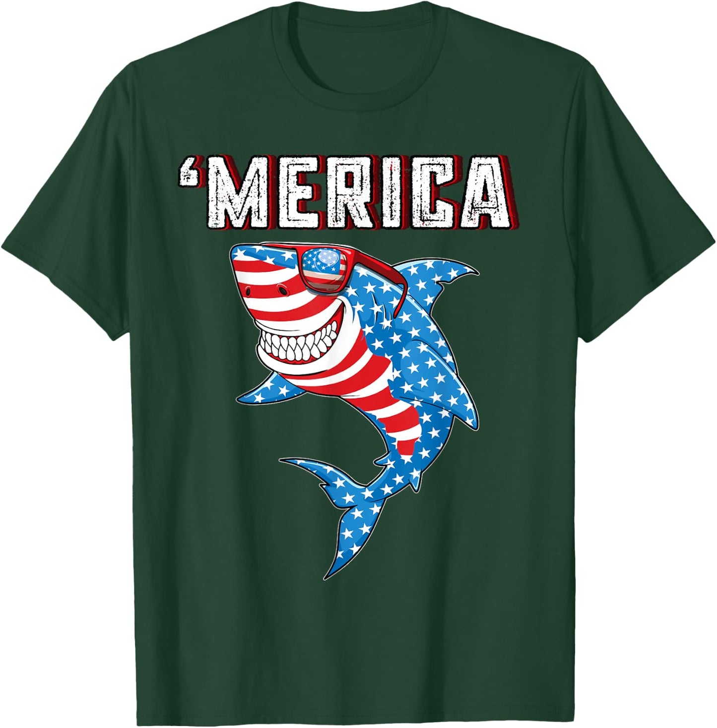 Merica American Flag Men Funny Boys Shark 4th of July T-Shirt - T-Shirt | Forest
