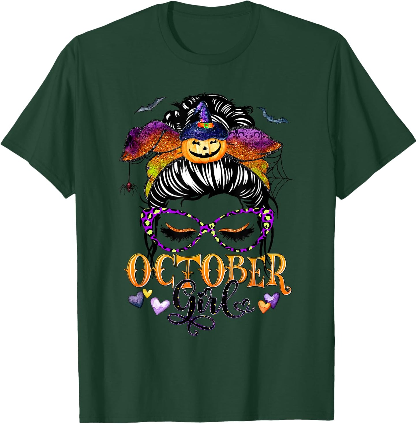 October Girl Halloween Messy Bun Lady Hair Glasses Leopard T-Shirt - T-Shirt | Forest
