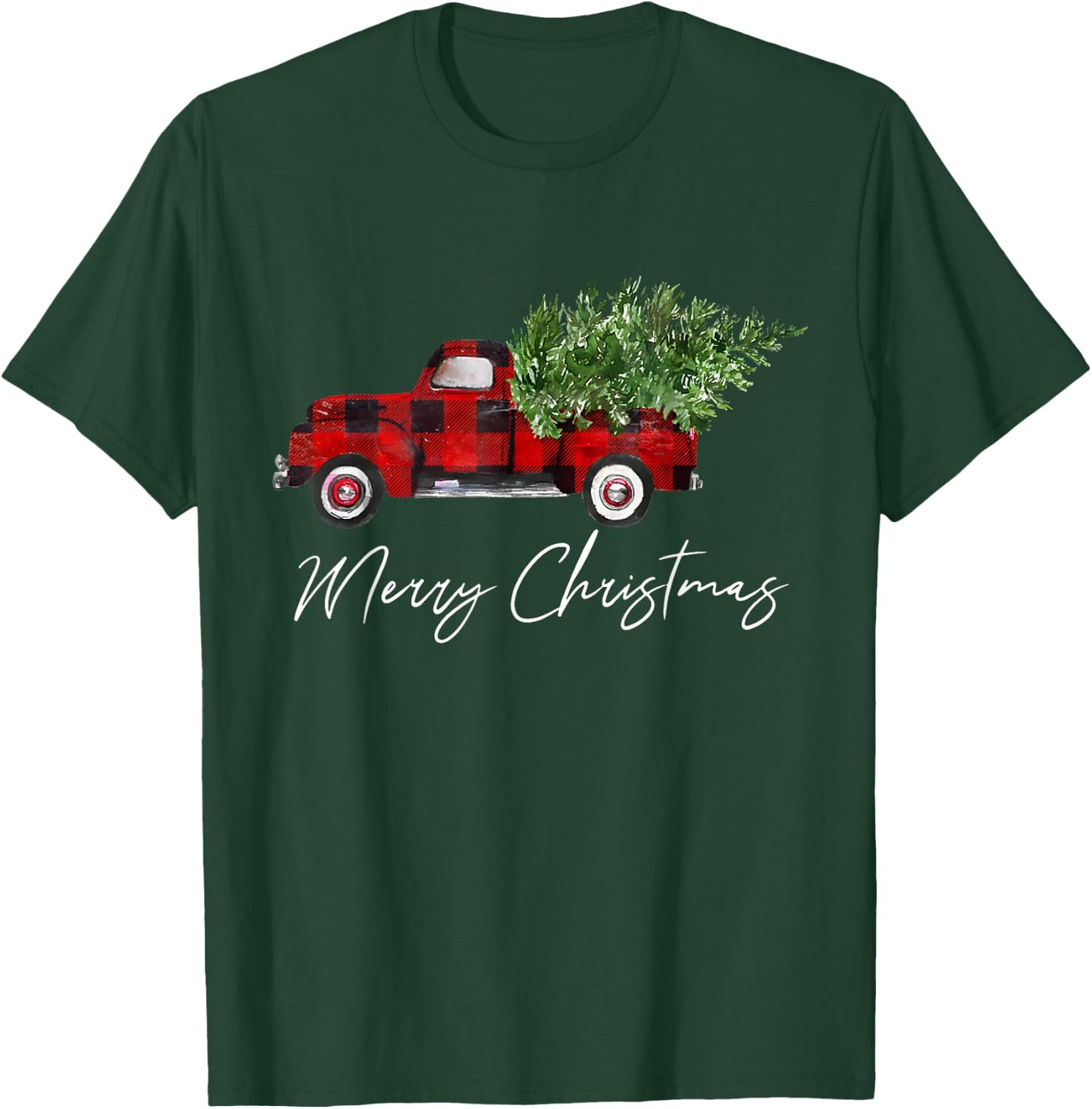 Red Buffalo Plaid Pickup Truck with Tree Merry Christmas T-Shirt - T-Shirt | Forest